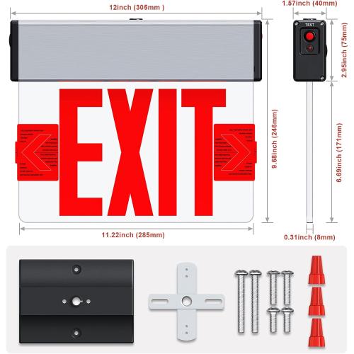 Red Led Edge Lit Exit Sign UL Listed, Brushed Aluminum Housing Double-Sides Mirrored Acrylic Emergency Exit Signs with Battery Backup, AC 120-347V Hardwired Exit Lights, Top/Side/Wall Mount (1 Pack)