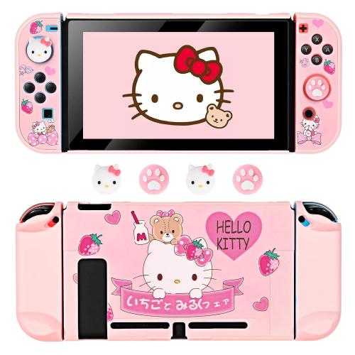 DLseego Lovely Kitty Switch Protective Case Dockable Hard Shell Anti Scratch Cover Pink Joy Con Skin with 3PCS Compatible with Regular Switch