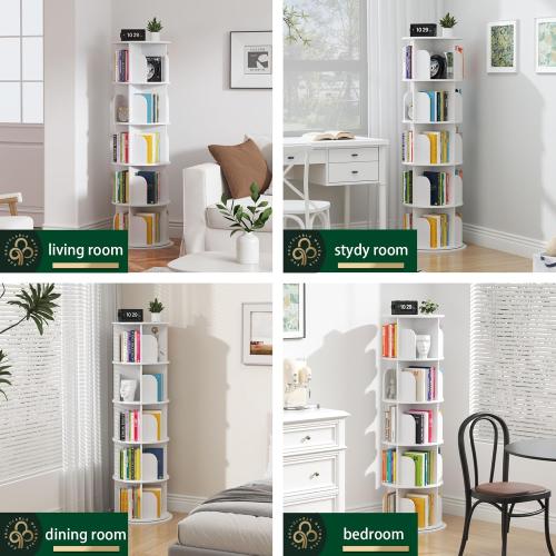Rotating Bookshelf Tower 5 Tier,Spinning Bookcase, Revolving 360 Book Shelf Narrow Tall Bookcase, Vertical Turning Round storage Bookshelf ,Book Shelf Organizer for Bedroom, Living Room, White