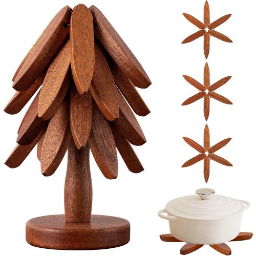 Wooden Trivets for Hot Dishes, Hot Dish Coaster with Tree-Shaped Wood Collapsible Hot Pad Trivet Tree for Restaurant, 4 Wooden Trivet   1 Stand（Walnut Wood）