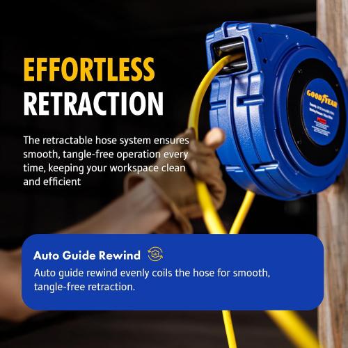 Goodyear Air Hose Reel Retractable 3/8 Inch x 50' Foot Hybrid Polymer Hose Max 300PSI Commerical Polypropylene Construction
