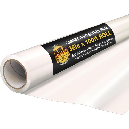 Dura-Gold Carpet Protection Film, 36-inch x 100-foot Roll, Clear Plastic Carpet Protector, Self-Adhesive Plastic for Temporary Stair, Rug, and Floor Protection