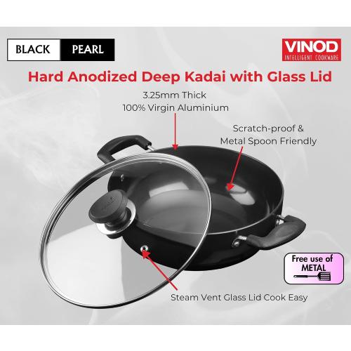 Vinod Black Pearl Hard Anodized Deep Kadhai with Glass Lid – Black - 3.1 Liters (3.2 Quarts) – 24cm – Riveted Handles - Multi-Use Pot/ Wok - Suitable For Indian Cooking, Sauces, Pasta, Stews, Soups‼️missing glass lid‼️
