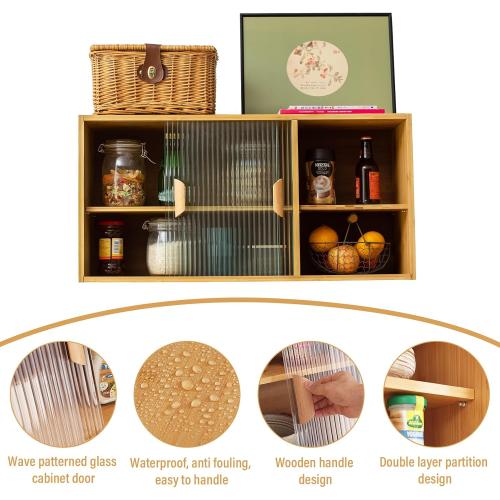 Tiita Small Kitchen Pantry Cabinet, Bamboo Wall Sideboard with Glass Doors, Cupboard Food Pantry Cabinet for Kitchen, Living Room and Dinning Bedroom