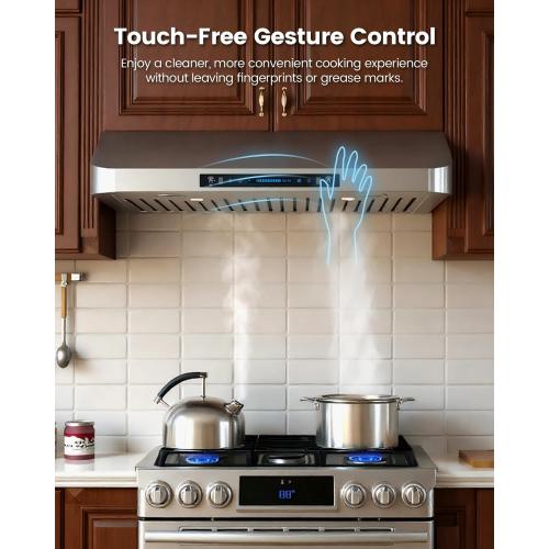 JOCO 36 Inch Under Cabinet Range Hood, 900 CFM Stainless Steel Kitchen Vent Hood, 4-Speed Gesture/Touch/Remote Control C01-36G