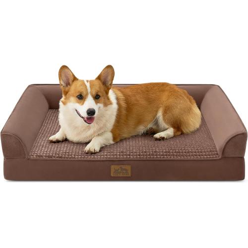 COZY KISS Orthopedic Large Dog Beds, Bolster Pet Couch with Waterproof Lining, Egg Crate Foam Sofa for Pets Up to 65 lbs, U-Shaped, 36x27x6.5 inch, Brown