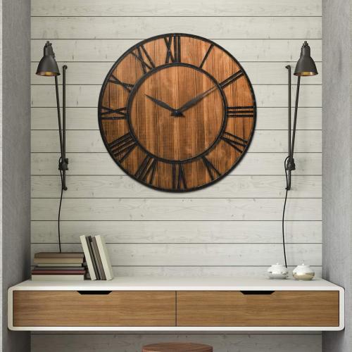 Tangkula 25.6  Inch Round Wall Clock, Farmhouse Large Wall Clock with Roman Numerals, Come with AA Battery, Wooden Rustic Clock Hanging for Home Office (Bronze Brown)