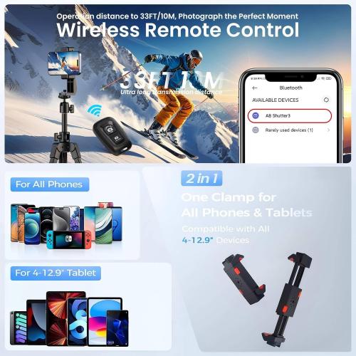 70 Phone Tripod & Selfie Stick, Horizontal Overhead Tripod, Extendable Camera Cell Phone Tripod Stand with Wireless Remote and phone Holder for Filming Video Recording Live Stream