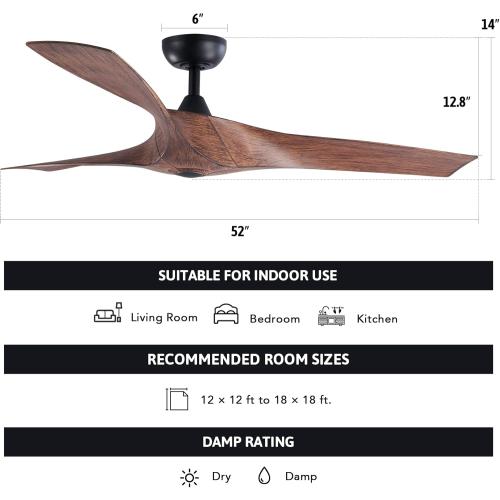 VONLUCE Ceiling Fan No Light, 52 Mid Century Ceiling Fans and Remote Control, 6 Speeds Noiseless DC Motor, 3 ABS Blades, Indoor Ceiling Fan for Kitchen Bedroom Living Room Farmhouse, Walnut