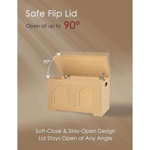 Storage Chest, Wooden Toy Box, Natural 31.5 L | Entryway Shoe Bench, 2 Soft-close Hinges, Finger-safe Flip-Top Lid, Easy Assembly, Farmhouse Large Trunk, Living Room/Bedroom
