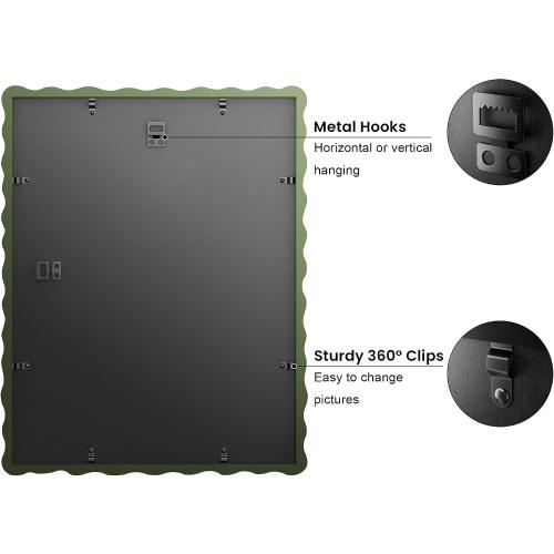 11x14 Picture Frame with Mat for 8x10, Wavy Edge Wooden Real Glass Photo Frame for Wall Hanging, Green, 2 Pack