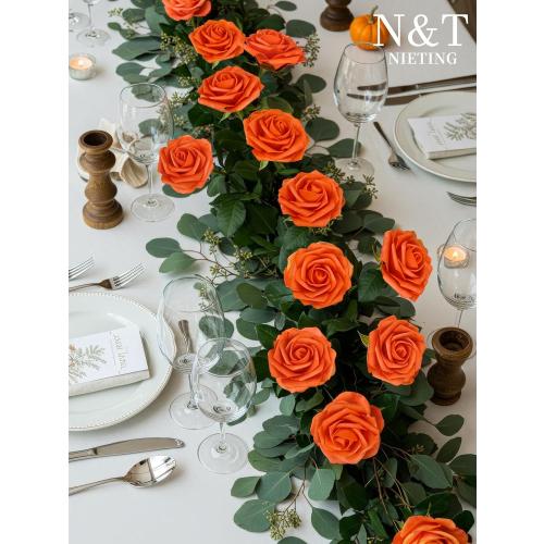 N&T NIETING Artificial Flowers, Fake Flowers Burnt Orange Roses Perfect for DIY Wedding Bridal Bouquets Centerpieces Bridal Shower Party Home Fall Flower Arrangement Decorations, 50Pcs