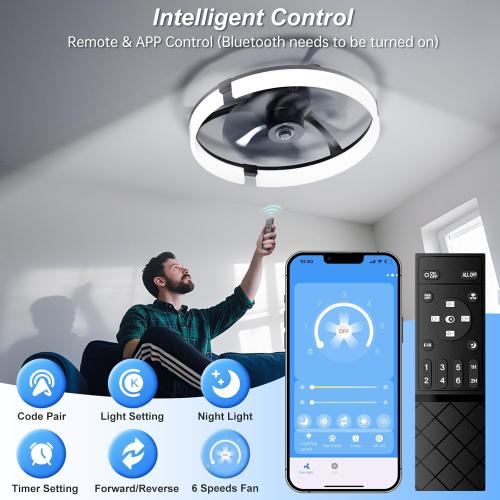 20 Ceiling Fans with Lights and Remote, 3000K-6500K Dimmable Flush Mount, 6 Speed Quiet Reversible Motor, APP & Remote Control, Low Profile Fandelier for Bedroom, Kitchen, Living Room