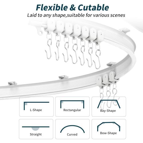 Flexible Bendable Ceiling Curtain Track, 9.8ft (3m) Curved, PVC, Metal, Plastic & Stainless Steel, White, Ceiling Mounted