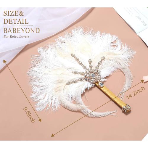 BABEYOND Vintage 1920s Bridal Feather Bouquet Crystal Bridesmaid Bouquet 20s Gatsby Wedding Bouquet (Beige)