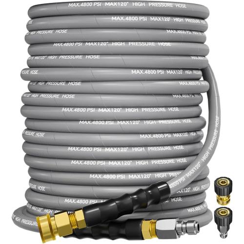 3/8 4800PSI Pressure Washer Hose 100FT with Swivel Quick Connect for Cold/Hot Water Max 248°F, Kink Resistant Steel Wire Braided, Wear Resistant Power Washer Hose with M22 14mm Adapter