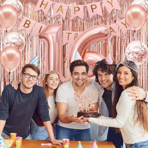 Sweet 16 Party Decorations for Girls, Happy 16th Birthday Banner Cake Topper Balloons Sash and Tiara, Rose Gold 16 Birthday Party Supplies for Girls