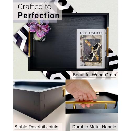 22 Inch Rectangle Black Ottoman Tray with Gold Metal Handles, Extra Large Wooden Serving Tray for Living Room, Coffee Table, Kitchen & Hosting