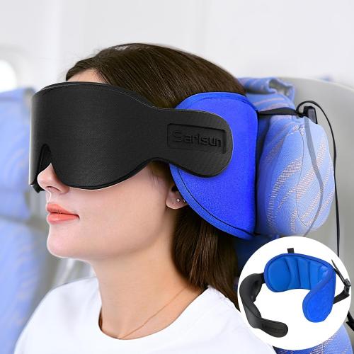 Travel Pillows for Airplanes, Airplane Pillow for Sleeping with 3D Eye Mask, 360° Support Headrest for Long Flight, Road Trip, Stop Bobblehead Relieve Neck Pain, Blue