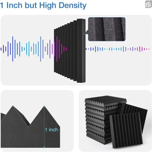 48 Pack Self-Adhesive Acoustic Panels - 1”X 12”X 12”Wall Panels - Quick-Recovery and High Density Sound Panels - Sound Proof Acoustic Foam for Home Studio - Black