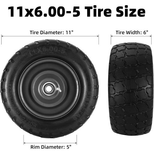 11x6.00-5 Lawn Mower Tires Flat Free, Zero Turn Mower Front Tires, 11x6-5 Solid Mower Wheel for Residential and Commercial, 3/4 and 5/8 Bearing, 6- 8 Center Hub, Load 400lbs, 2Pk Black