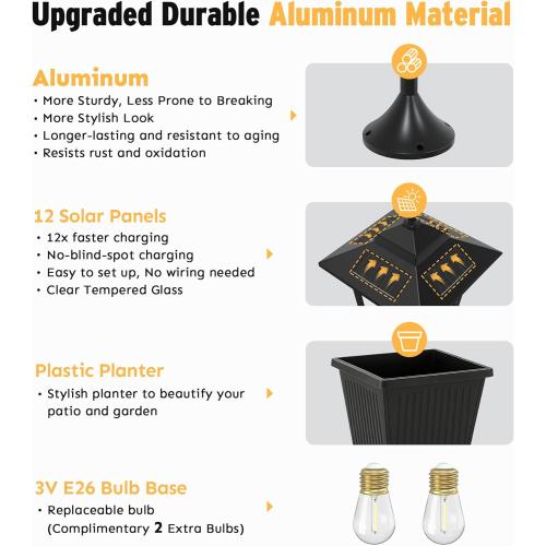 3-Head Solar Lamp Post with Planter, 74 Solar Light Flower Pot Lamp Post, 60Lm Waterproof Solar Light Poles for Outside, Garden, Patio, Yard, Driveway, Replaceable Bulb