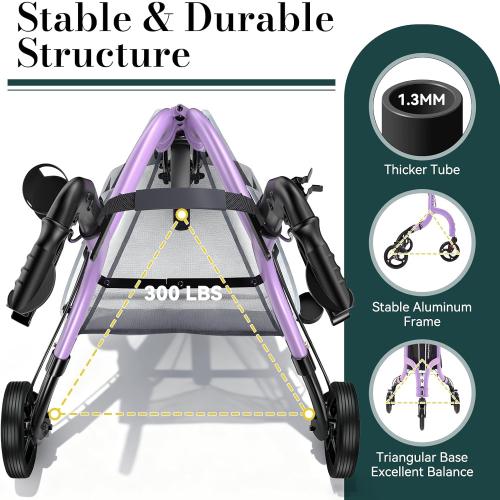 3 Wheel Walkers for Seniors, Lightweight Rollator Walkers Foldable for Elderly with Cane Hold and Cup Hold, Height Adjustable Aluminum Three Wheel Rolling Walker Mobility Aid, Purple
