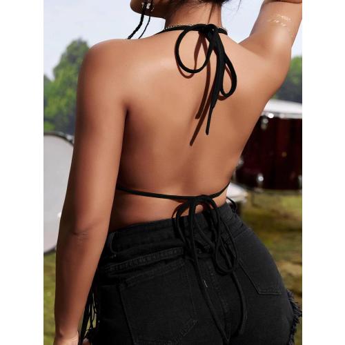 Verdusa Women's Medium Fringe Tied Backless Suede Halter Top Deep V Neck Going Out Tops Western Outfits