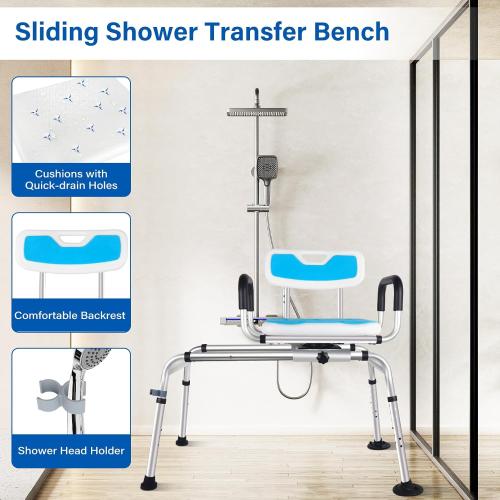 Sliding Shower Chair,Height Adjustable Tub Transfer Bench,360° Shower Swivel Seat,Bath and Shower Safety Seating with Handles for Seniors&Handicap,400Lb Capacity