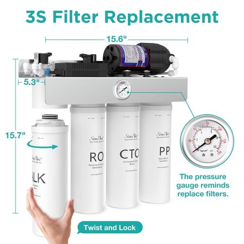 SimPure T1-400ALK Alkaline UV Reverse Osmosis System, NSF/ANSI 58 Certified, Tankless RO Water Filter System 400 GPD, pH  Remineralization Water Filtration Under Sink, BPA Free, Built-in Pump