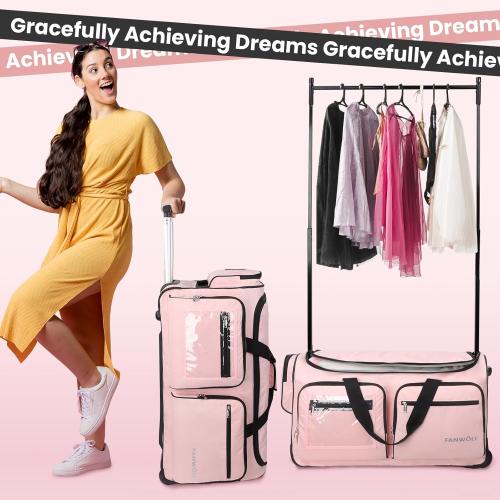 Fanwoli 23 Dance Bag with Garment Rack | Upgraded Stable System & Fabric | More Lightweight & Wear-Resistant | Ideal Competition Rolling Duffle Bag