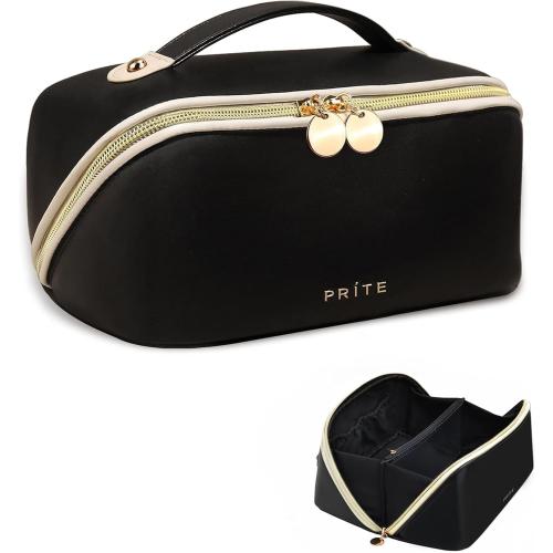 Prite Makeup Bag for Women Travel Waterproof Vegan Leather Cosmetic Bag Open Flat Toiletry Bag With Clear Divider and Handle Medium(Black)