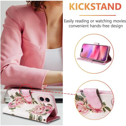 UEEBAI Wallet Case for iPhone 16 Plus, PU Leather Phone Cover Kickstand RFID Blocking Flip Case Card Slots Wrist Strap Relief Engraved Pattern Magnetic Closure Flower Folio Wallet, White Rose