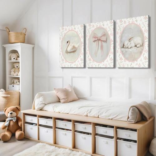 3Pcs Pink Vintage Nursery Canvas Wall Art Cute Animal Rabbit Swan Bow Flower Posters Prints Baby Girl Room Picture Wall Decor for Girls Room Bedroom Decorations Ready To Hang