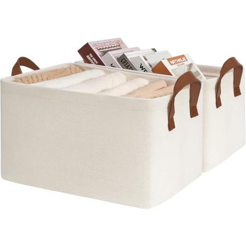 CHICVITA Storage Bins for Shelves, Closet Bins for Organization, Collapsible Storage Baskets for Towels, Rectangle Basket for Bedroom, 14 ¾ L x 10 ¼ W x 8 ¼ H, Beige, 2-Pack