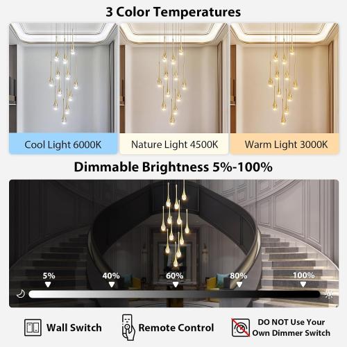 Raindrop Crystal Chandelier High Ceiling: 12 Lights Remote Dimmable LED - Large Long Modern Bubble Hanging Pendant Light Fixture Teardrop Spiral Chandeliers for Living Room Staircase Entryway Foyer