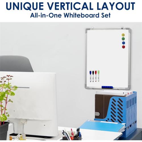 Whiteboard Set - Dry Erase Board 18 x 24 in with 1 Magnetic Dry Eraser, 4 Drywipe Markers and 4 Magnets - Small White Hanging Message Scoreboard for Home and Office (18x24 in)