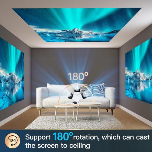 [180°Adjustable Stand]HIPPUS Smart Mini Projector with WiFi and Bluetooth, Full HD 1080P , Auto Keystone,4K Video Portable Ceiling Projector,Wifi 6,Android 11.0 (White)