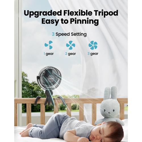 Gaiatop Mini Portable Stroller Fan, Battery Operated Small Clip on, Detachable 3 Speed Rechargeable, 360° Rotate Flexible Tripod Better Cooling for Car Seat Crib Treadmill Travel Black
