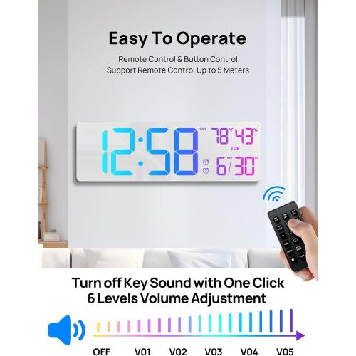 18.5 Large Digital Wall Clock, Big LED Display Clocks with Remote Control, Digital Clock with Night Light, Alarm, Countdown, DST, Temperature for Living Room Bedroom Office, Gift for Seniors (White)