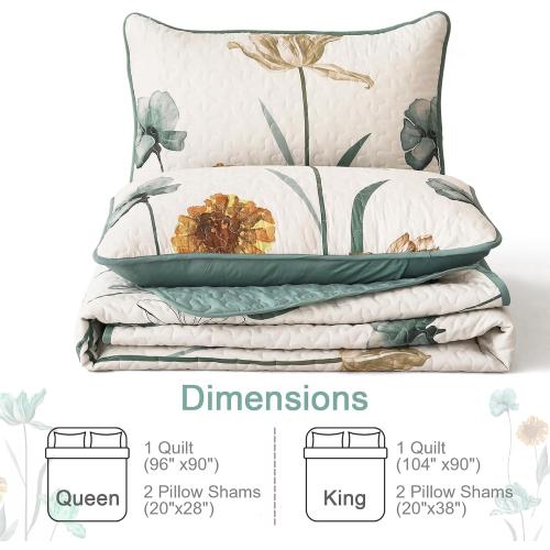 WONGS BEDDING Floral Quilt Set King,Green Yellow Printed Botanical Bedspread Bedding Set with 2 Pillowcase,Spring Summer Lightweight Farmhouse Coverlet Set for All Season (104x90)