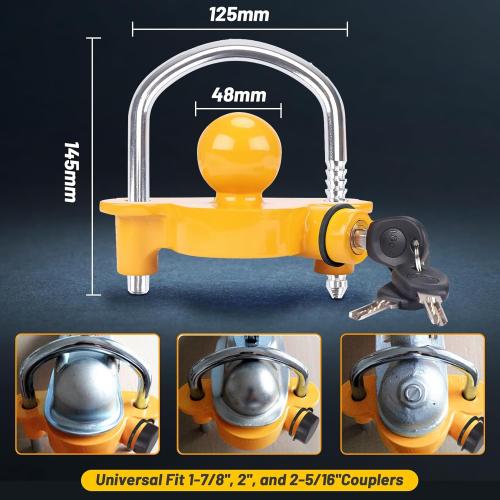 Turnart Trailer Lock, Hitch Lock, Trailer Hitch Lock, Trailer Coupler Lock, Trailer Tongue Lock, Adjustable, Heavy-Duty Steel, Universal Size Fits 1-7/8, 2, and 2-5/16 Couplers (Yellow-A)