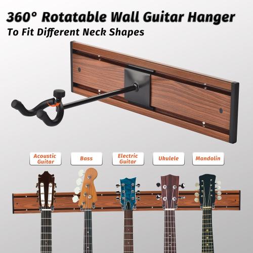 MOREYES Guitar Wall Mount - Holds Multiple Guitars, 5 Rotatable Hooks - Suits Acoustic, Electric, Bass - Alloy Steel, Rosewood