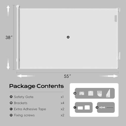 Retractable Baby Gate for Stairs, 55 Wide 38 High Pet Gate with Auto-Retract System, One-Hand Operation, Mesh Baby Gate for Doorways, Hallways, Decks, Indoor & Outdoor, White