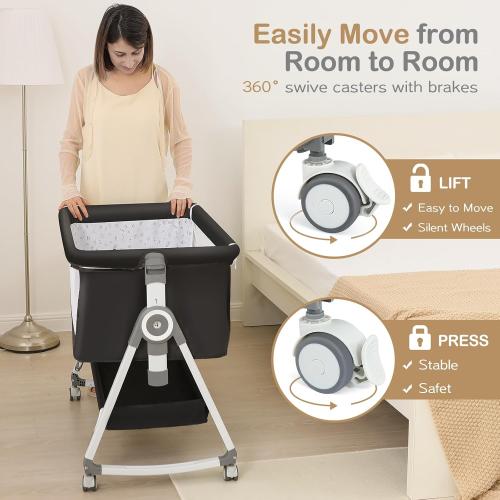 Baby Bassinet, Bedside Bassinet for Baby, 4 in 1 Bassinet Bedside Sleeper with Locked Wheels, Mosquito Net, Adjustable Easy Folding Portable Crib for Infant Newborn, Dark Grey