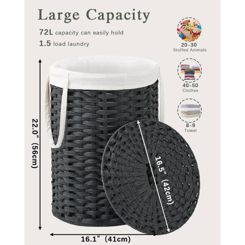 SETVSON Laundry Hamper with Lid Laundry Basket with Lid 19.0 Gal (72 L) Round Wicker Laundry Basket Handwoven Rattan Basket with Lid Removable Bag 2 Mesh Bags Handles for Living Room Bathroom Black