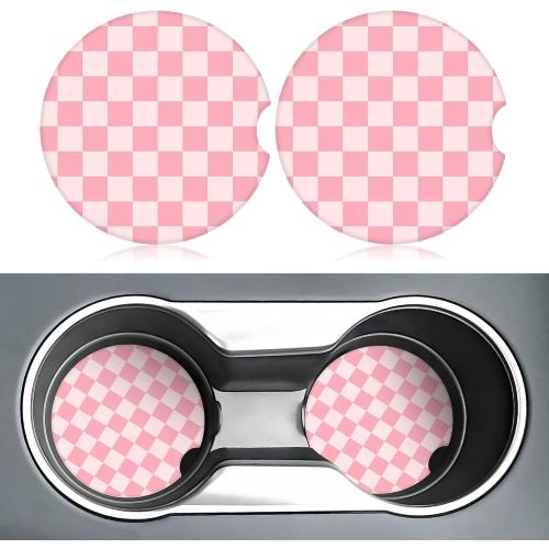 Pink Checkered Car Coasters for Cup Holders,2 Pack Car Cup Holder Coasters for Car,Ceramic Absorbent Car Coaster with A Finger Notch and Cork Base,Car Interior Accessories for Women Men