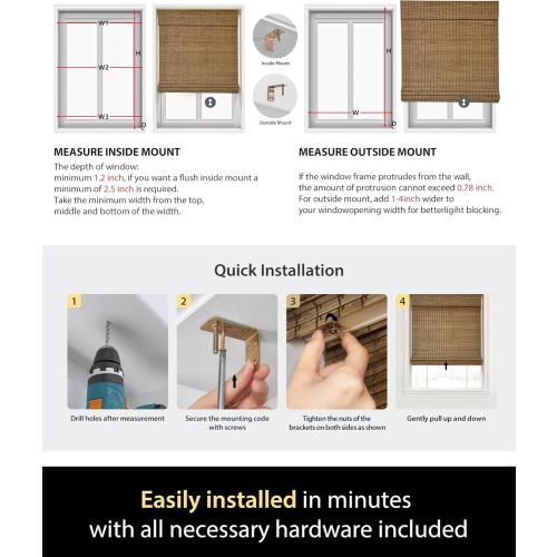 Cordless Bamboo Roman Shades for Windows, Blinds Size (20 W ×64 H) Colour (Highfield Teak)