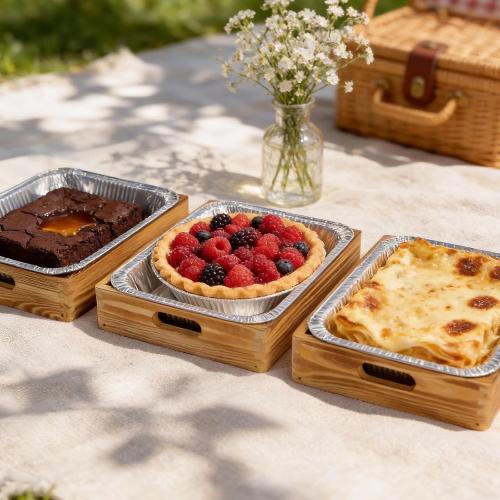 Tnstbiee 3-Pack Wooden Holders for 9x13 Foil Pans - Includes 3 Disposable Aluminum Foil Pans - Rustic Handcrafted Food Carrier - Perfect for Parties, Catering & Home Kitchen - Foil Tray Display Stand‼️ 3 wooden trays & 3 foil plans included (1 foil pan bent on edge) ‼️