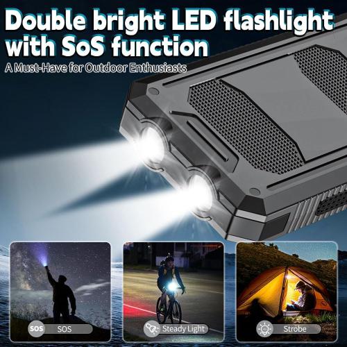 10000mAh Solar Power Bank with Type-C & Dual USB Ports for iPhone、Samsung & More，Shockproof, Dustproof, with Compass & LED Light,Safety Protections,Perfect for Outdoor & Daily Commute (Black)